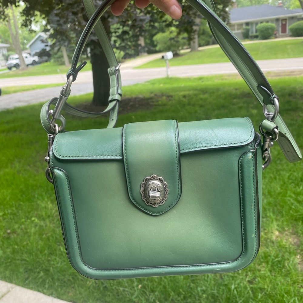 SOLD Page Green Leather Shoulder Crossbody Purse with Tooled Turnlock